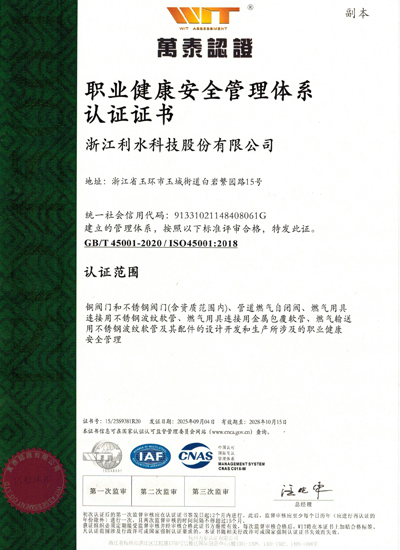 职业健康安全管理体系认证证书